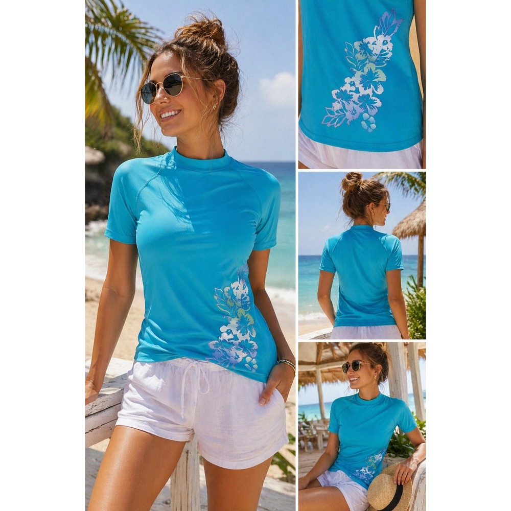 Coastal Resort Rash Guard Top Aqua Blue Floral Swim Shirt Size L
